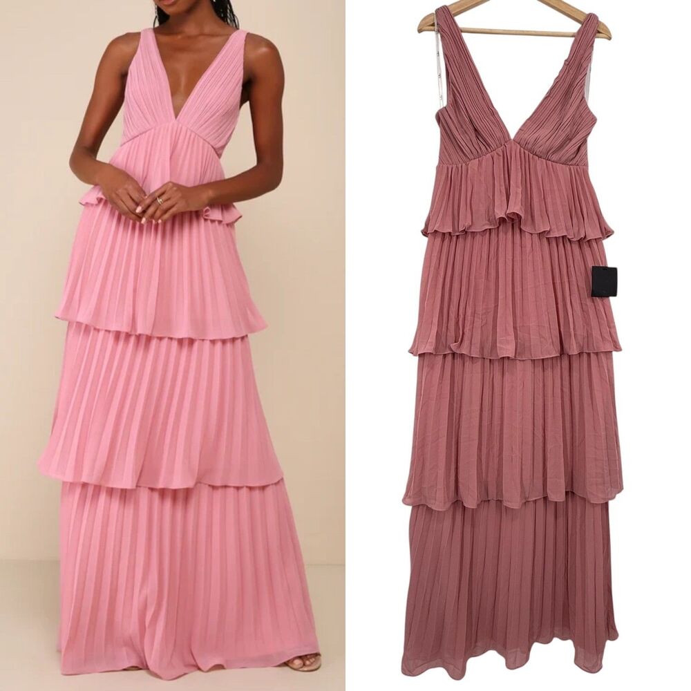 Lulus Tiered Maxi Dress M Pink Pleated Backless Mesmerizing Essence Wedding Prom